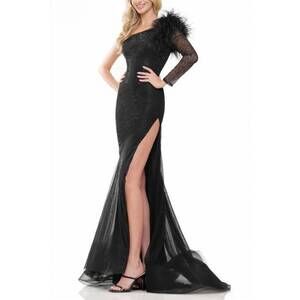 NEW COLORS DRESS one shoulder mesh long sleeve and feathers mermaid gown in blac
